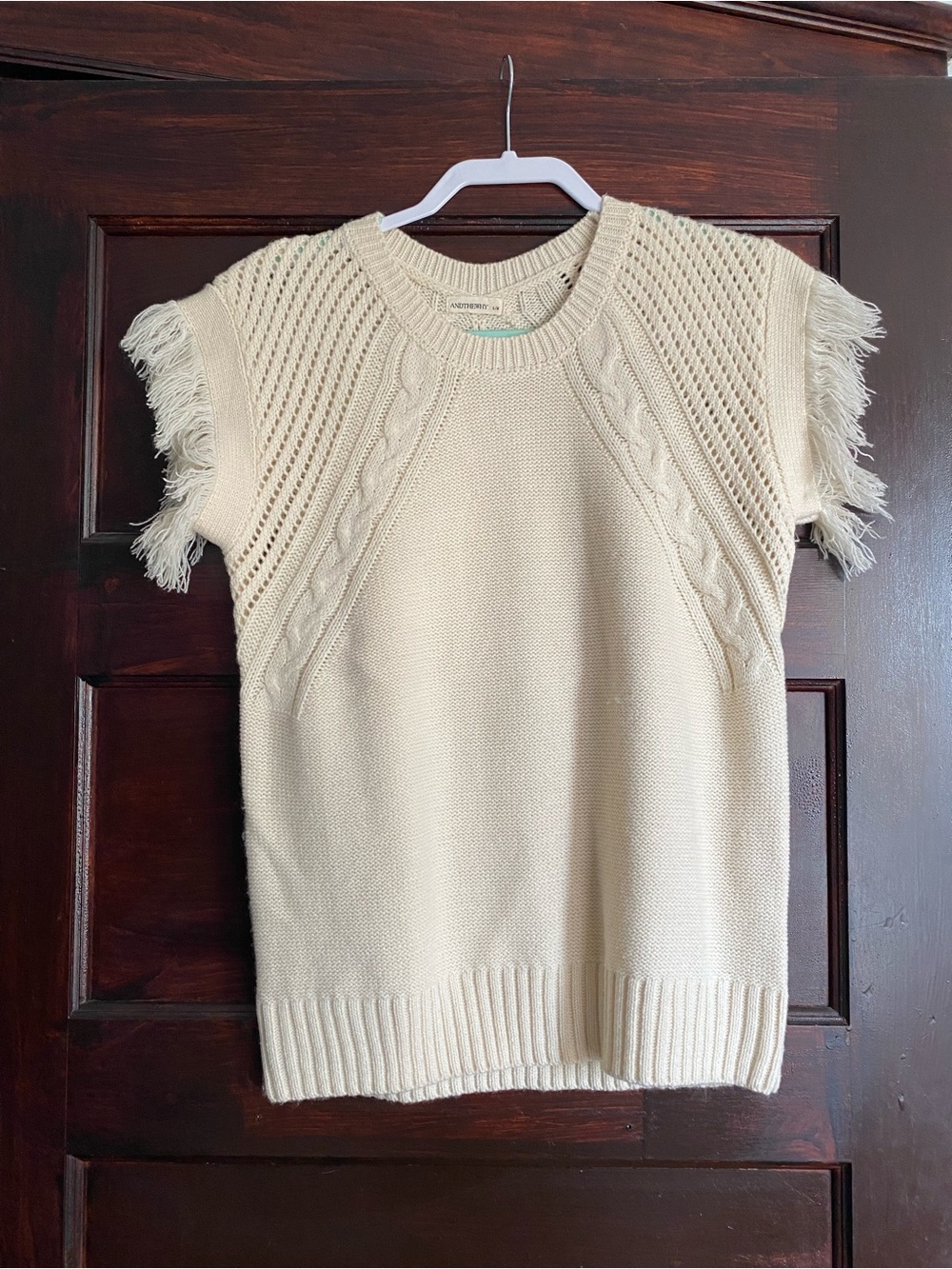 ANDTHEWHY Cream Cable Knit Fringe Shoulder Sweater Vest S/M